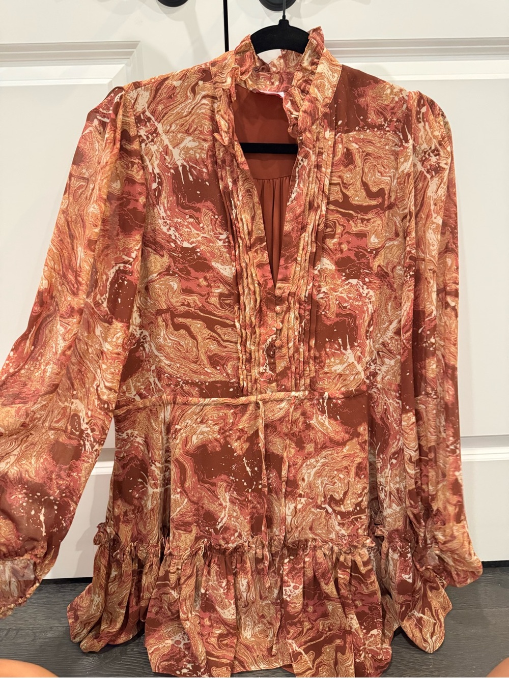 Rust Marble Print Ruffled Dress